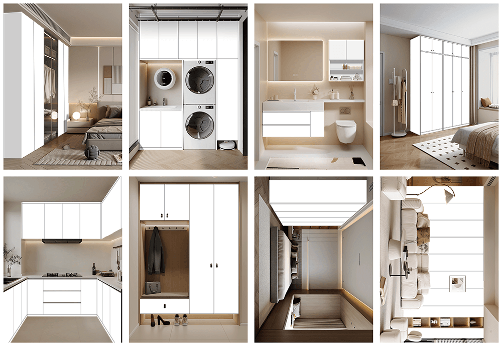 L-shaped cabinet for integrated kitchen and dining, open storage cabinet, wet kitchen cabinet, floating nightstand, bathroom vanity cabinet, display cabinet, balcony cabinet with washing machine area, U-shaped kitchen with island, storage cabinet, wood-style low cabinet with desk combination, simple overhead cabinet, open kitchen island cabinet, bathroom cabinet with integrated ceramic basin, hallway built-in storage cabinet, floor-to-ceiling bedroom wardrobe, industrial-style kitchen cabinet with metal fra